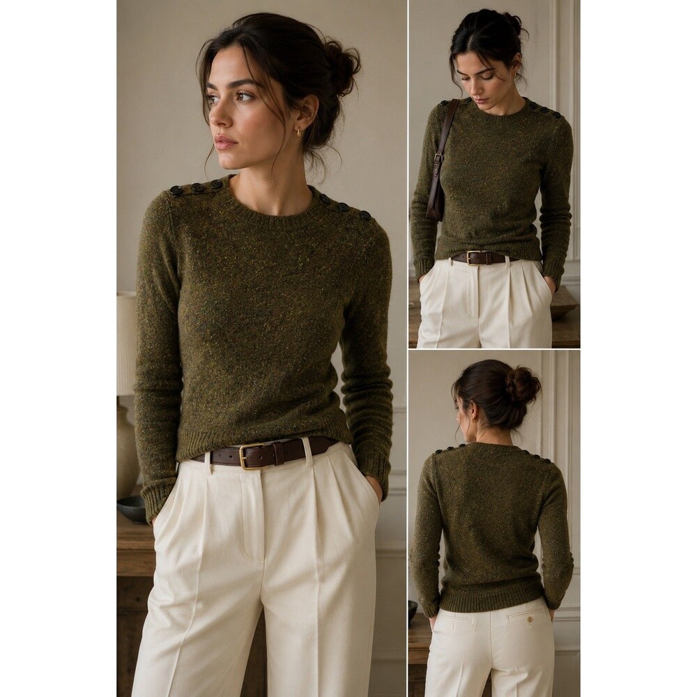 J.Crew Lambswool Olive Green Sweater – Button Shoulder Detail – Size S